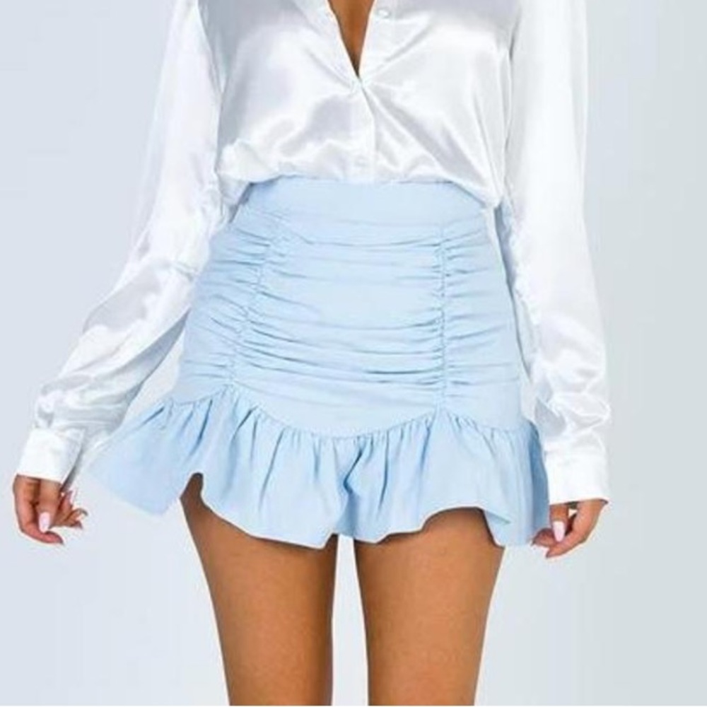 PRINCESS POLLY Lillian Ruched Mini Skort Skirt Baby Blue Sz 2 Cotton Ruffle Hem